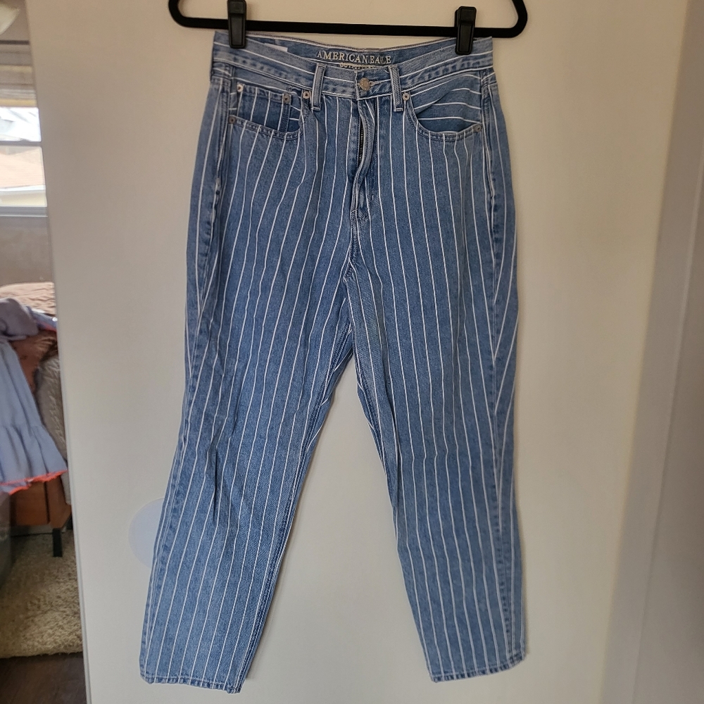American Eagle Mom Jeans Pin Stripe Conductor 100% Denim High Rise 6 Women - Picture 2 of 10